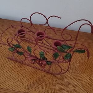 Vintage Red Metal Santa Sleigh Taper Candle Holder with Holly and Bow